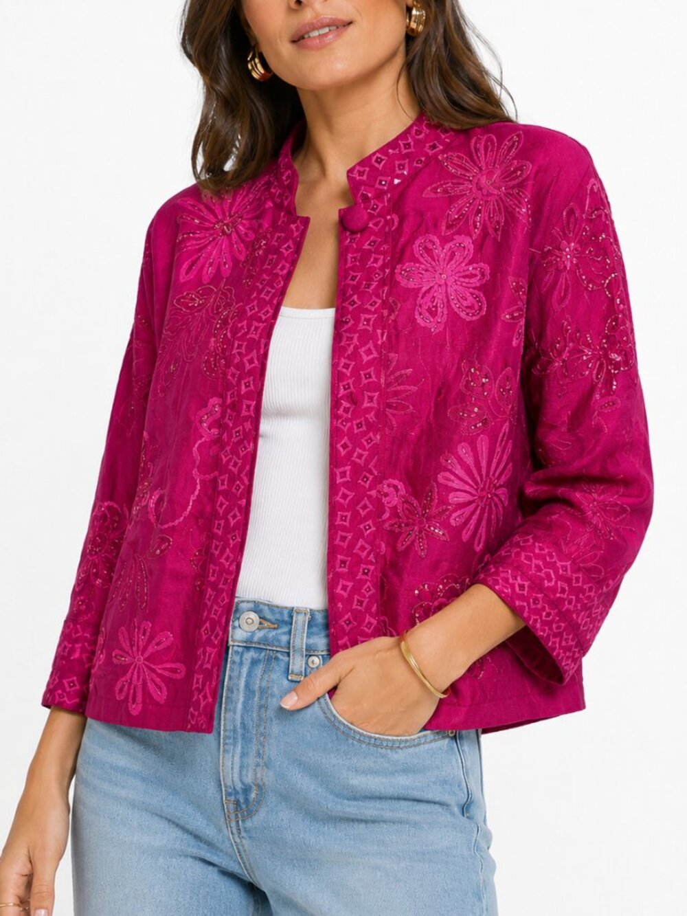 Vintage Chico's Fuchsia Raw Silk Beaded Embroidered Statement Jacket